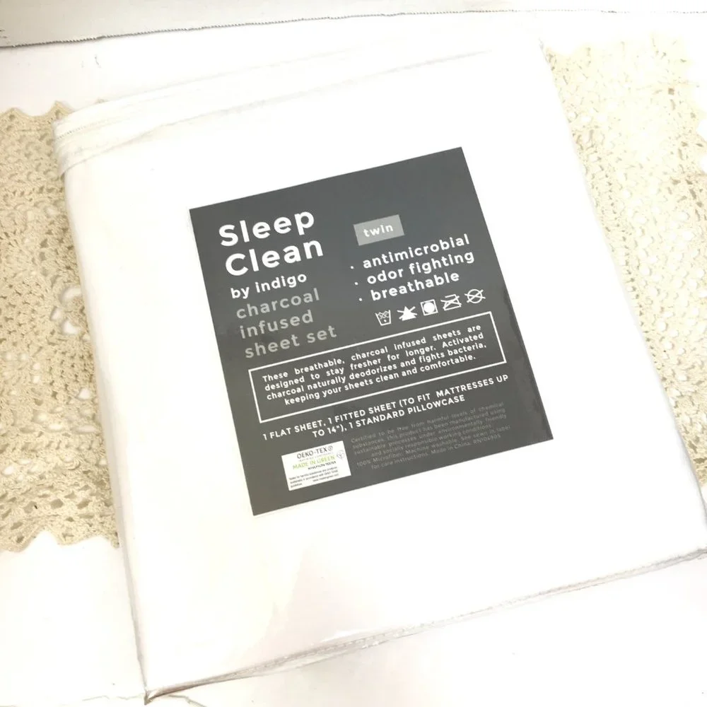 Indigo 3 pc Sheet Set Sleep Clean Twin White Charcoal Infused NWOT